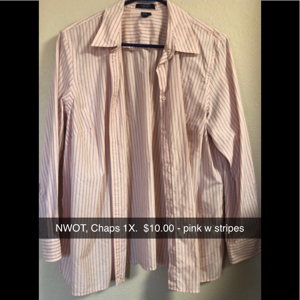 NWOT Chaps pink shirt w blue, white pin stripes.